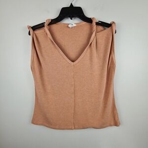LNA Womens Peach Ribbed Cold Shoulder V-Neck Tank Top Medium Neutral Earthy